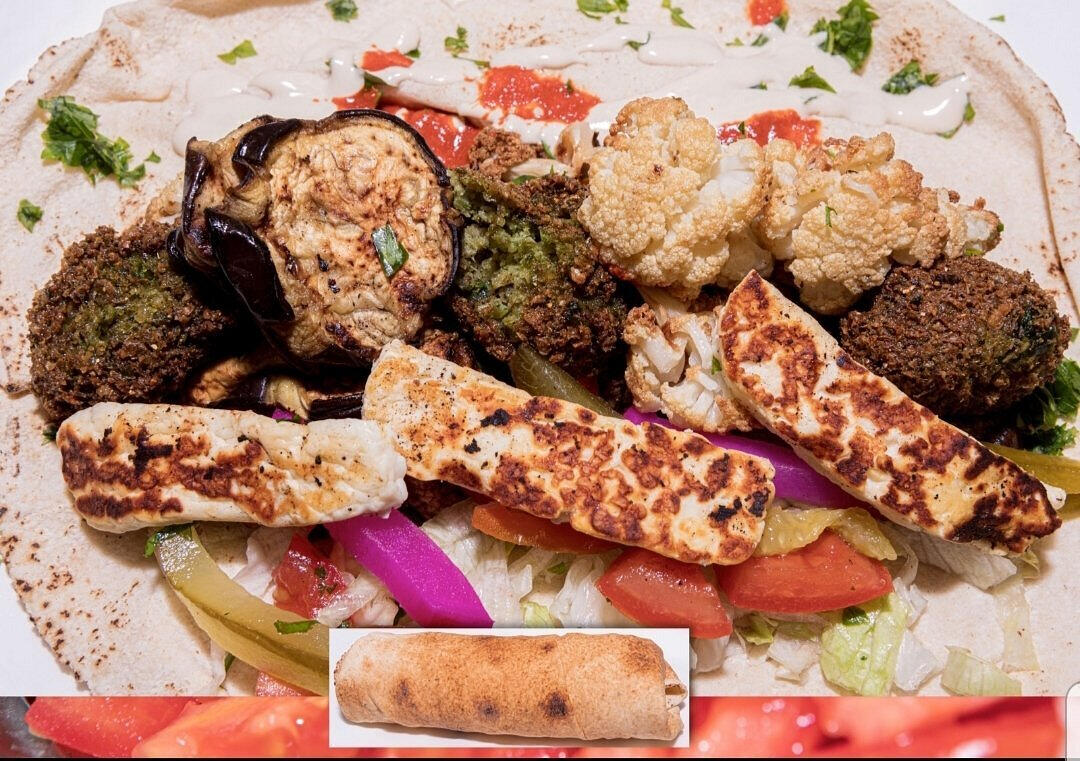 Falafel with aubergine, cauliflower & grilled Halloumi Wrap